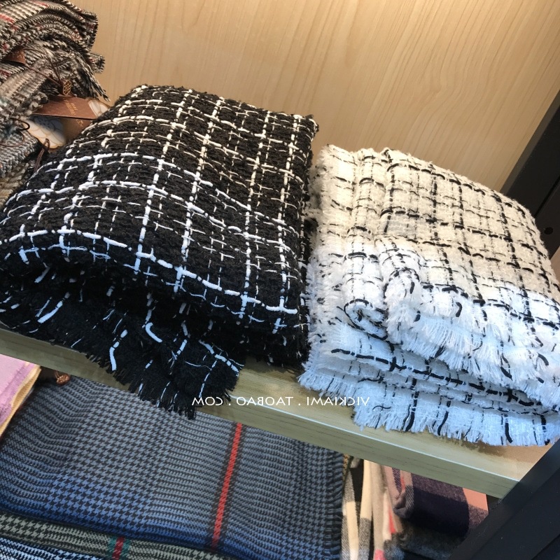 ~Rẻ nhất~ Khăn dạ Tweed Dongdaemun Hàn Quốc quàng cổ mùa đông ấm áp họa tiết kẻ đen trắng phụ kiện đôi nam nữ
