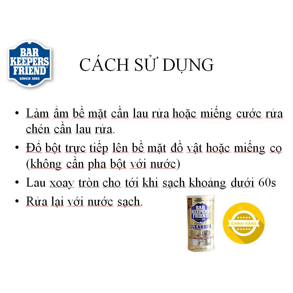 Bột làm sạch BKF 425g - Bar Keepers Friend - USA - ko mùi, không ăn da tay - 100% Hữu cơ