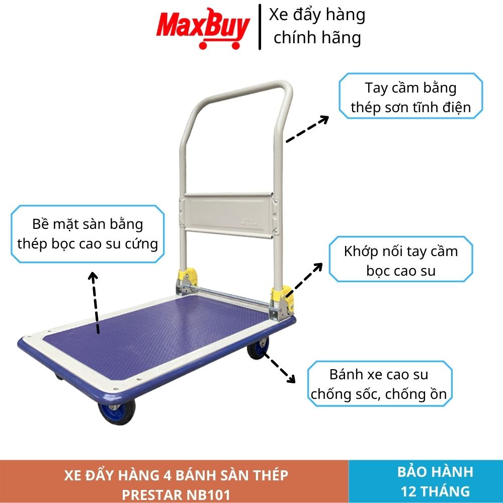 Xe đẩy kéo hàng 4 bánh gấp gọn chống ồn 2 bánh xoay tải trọng lớn PRESTAR sàn thép nhập khẩu Nhật Bản giao hỏa tốc HN