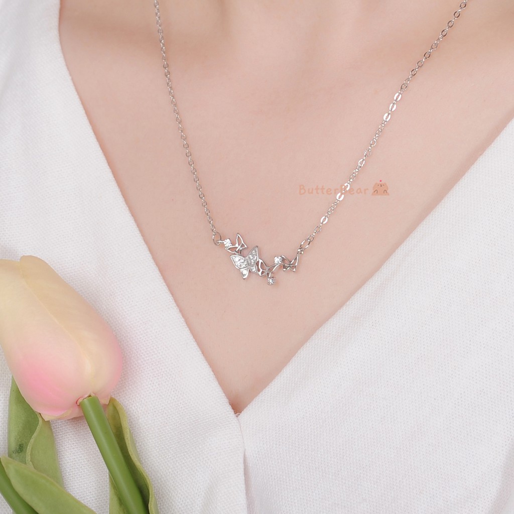 Dây Chuyền Bạc Nữ Thời Trang Đính Đá Hình Đàn Bướm Mùa Xuân S006- Trang Sức Bạc ButterBear Jewellery.