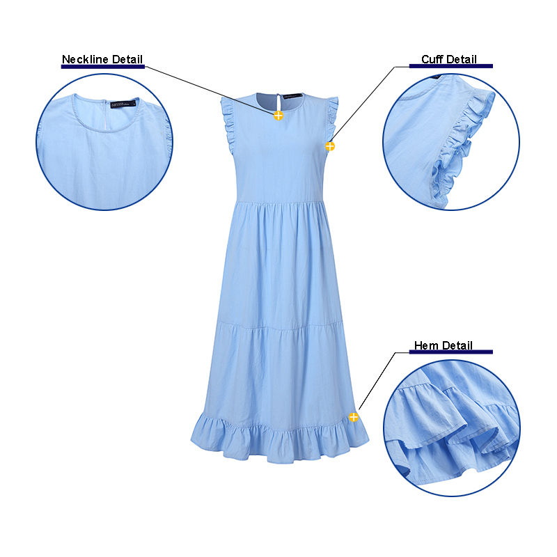 Váy ZANZEA Màu Trơn Không Tay Phối Bèo Cổ Tròn Phong Cách Thời Trang Thường Ngày Dành Cho Nữ