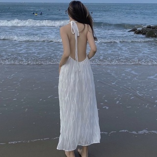 Đầm maxi trắng đi biển hở lưng cổ yếm dáng dài sexy du lịch dạo phố