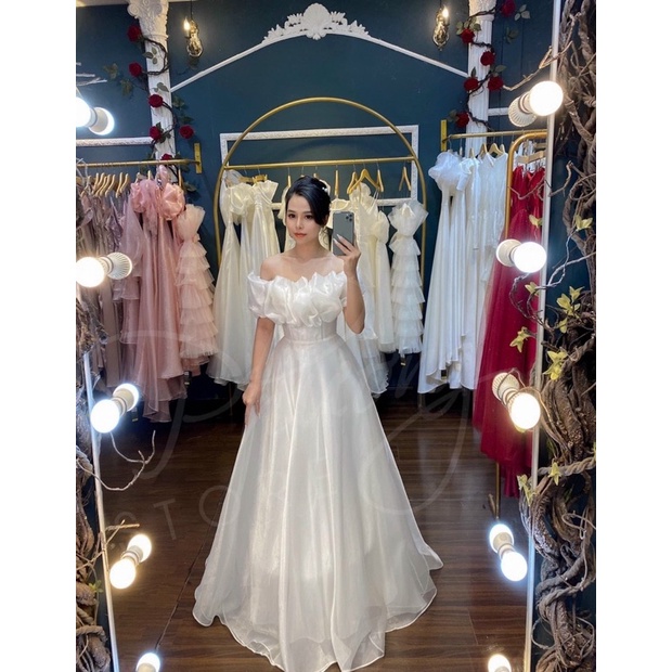 Đầm maxi voan kính nhún bèo bẹt vai TRIPBLE T DRESS - MS334V -size M/L