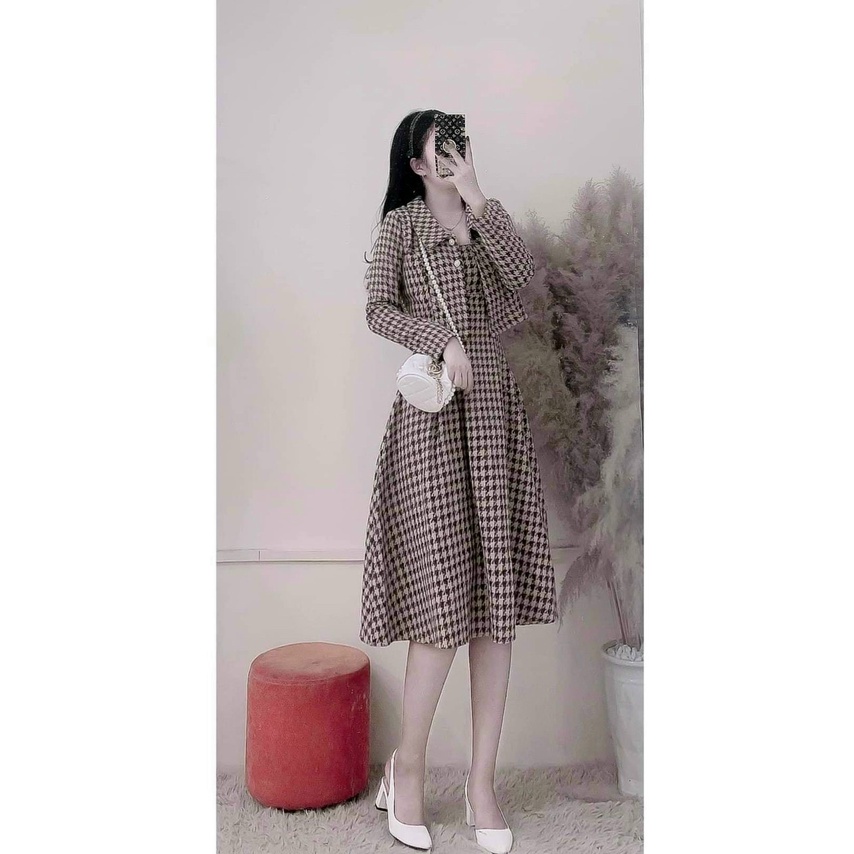 Sét đầm caro nữ 2 dây from dài dáng xòe sang chảnh kèm áo khoác ngoài tay dài cổ bẻ phối nút xịn xò cho nàng công sở | BigBuy360 - bigbuy360.vn