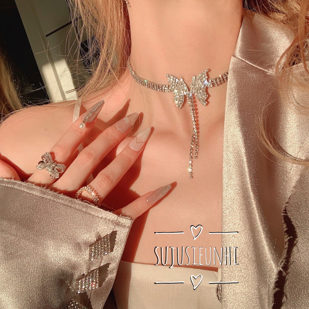 Bộ vòng cổ choker-khuyên tai bướm đính full đá MẪU HOT ĐẸP