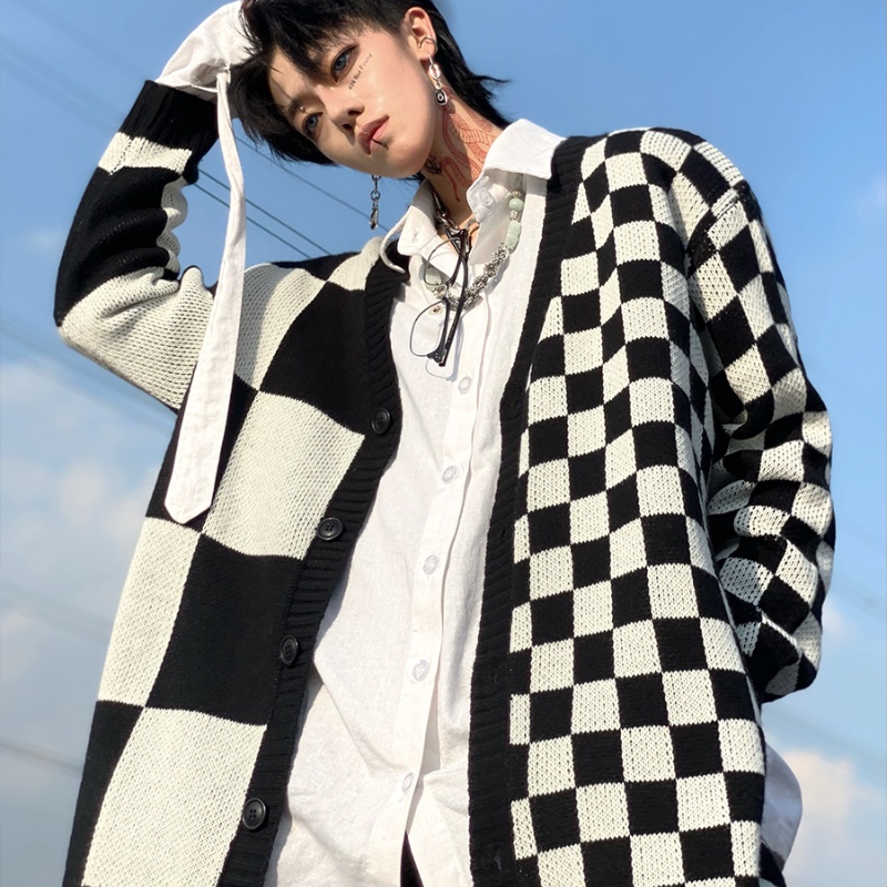 ✦AFFLIGA✦ Áo Khoác Cardigan Dệt Kim Dáng Rộng Họa Tiết Sọc Caro Trắng Đen Phong Cách Đường Phố Đơn Giản Thời Trang Xuân Thu Cho Nam Và Nữ
