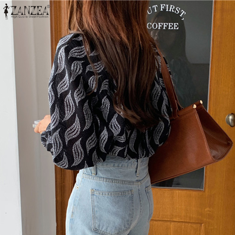 Áo ZANZEA tay dài cổ chữ O họa tiết hình học trang trí xếp ly trẻ trung cho nữ