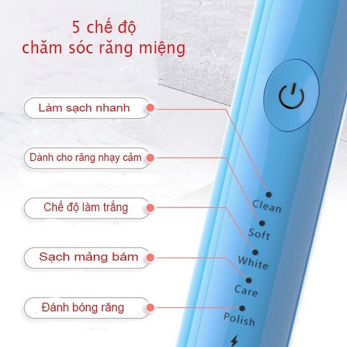 Bàn Chải Điện 5 chế độ - Bàn Chải Đánh Răng Cao Cấp - Tặng Kèm 4 đầu Bàn Chải