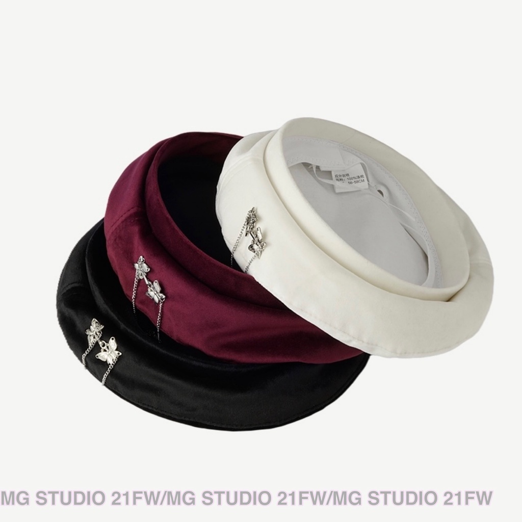 Mũ beret MG STUDIO trang trí nút hình bướm bạc 3 màu sắc tuỳ chọn