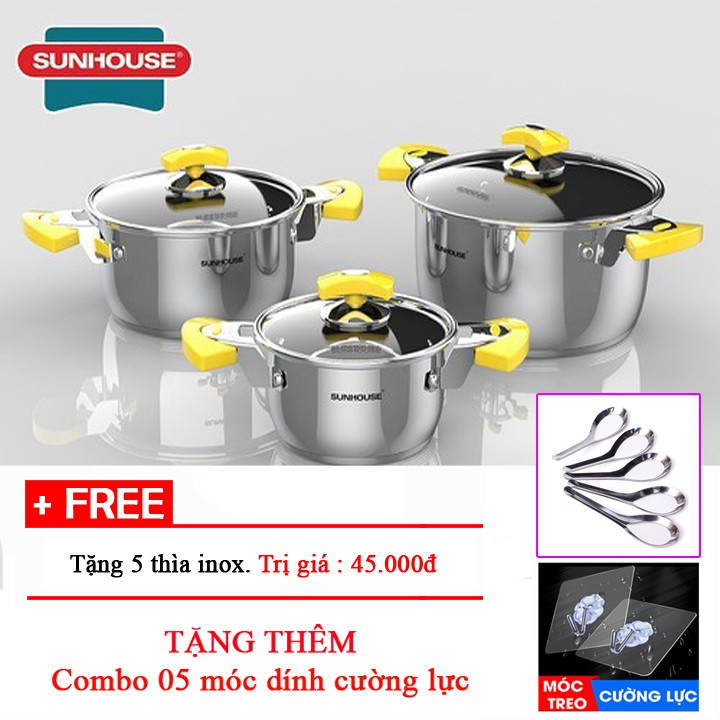 Bộ nồi inox 5 đáy SUNHOUSE SH787 + Tặng bộ thìa inox + Tặng thêm combo 5 móc cường lực