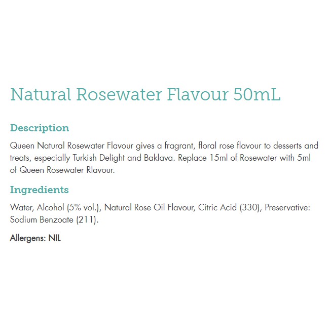 Hương / mùi thực phẩm nước hoa hồng Queen Natural Rosewater Flavour 50mL - OZ - Aust shop chocolate