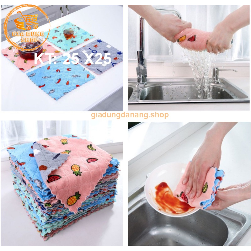 Khăn Lau 2 Mặt Họa Tiết Hoa Quả Hoạt Hình 25x25cm Siêu Thấm Hút Nước Vải San Hô