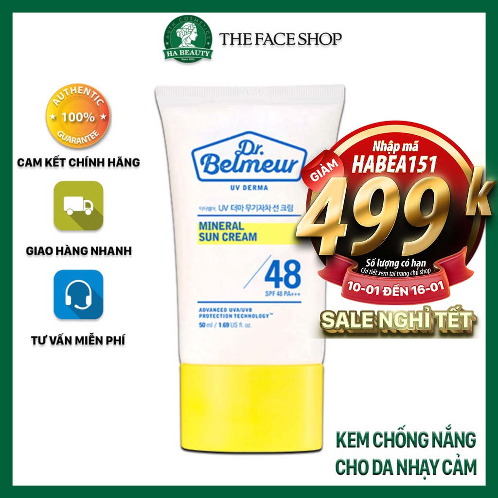 Kem chống nắng dưỡng ẩm cho da mụn nhạy cảm vitamin E The Face Shop Dr Belmeur Mineral Sun Cream SPF48+++ 50ml