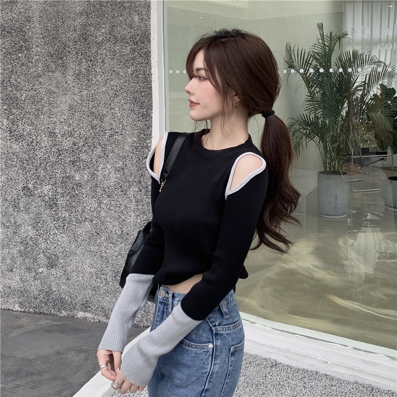 QADCOL Áo thun tay dài thiết kế khoét quyến rũ thích hợp cho phái nữ