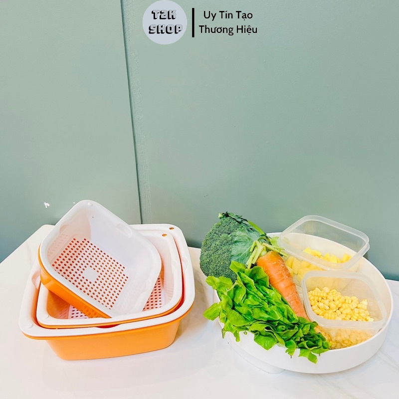 Set 6 bộ rổ kèm chậu thau nhựa rửa rau củ đựng hoa quả trái cây chất liệu nhựa nguyên sinh ECCO - T2K Shop