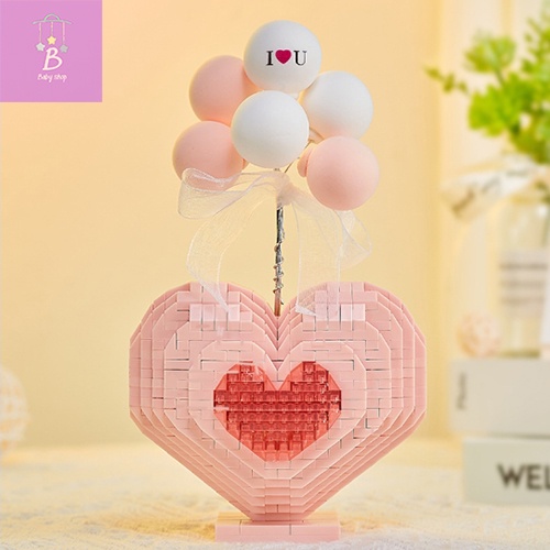 Bộ Đồ Chơi Xếp Hình Lắp Ghép Tim Hồng Bong Bóng Có Đèn Dể Thương Quà Tặng Sinh Nhật-Trang Trí- Trưng Bày