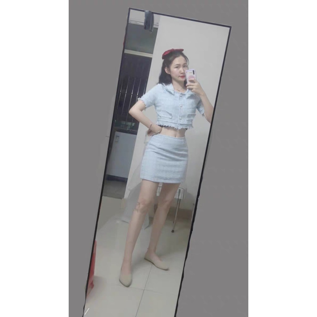 Set đồ hè thu dạ tông xanh da trời trẻ trung - Áo croptop ngắn tay viền tua rua- Chân váy bút chì