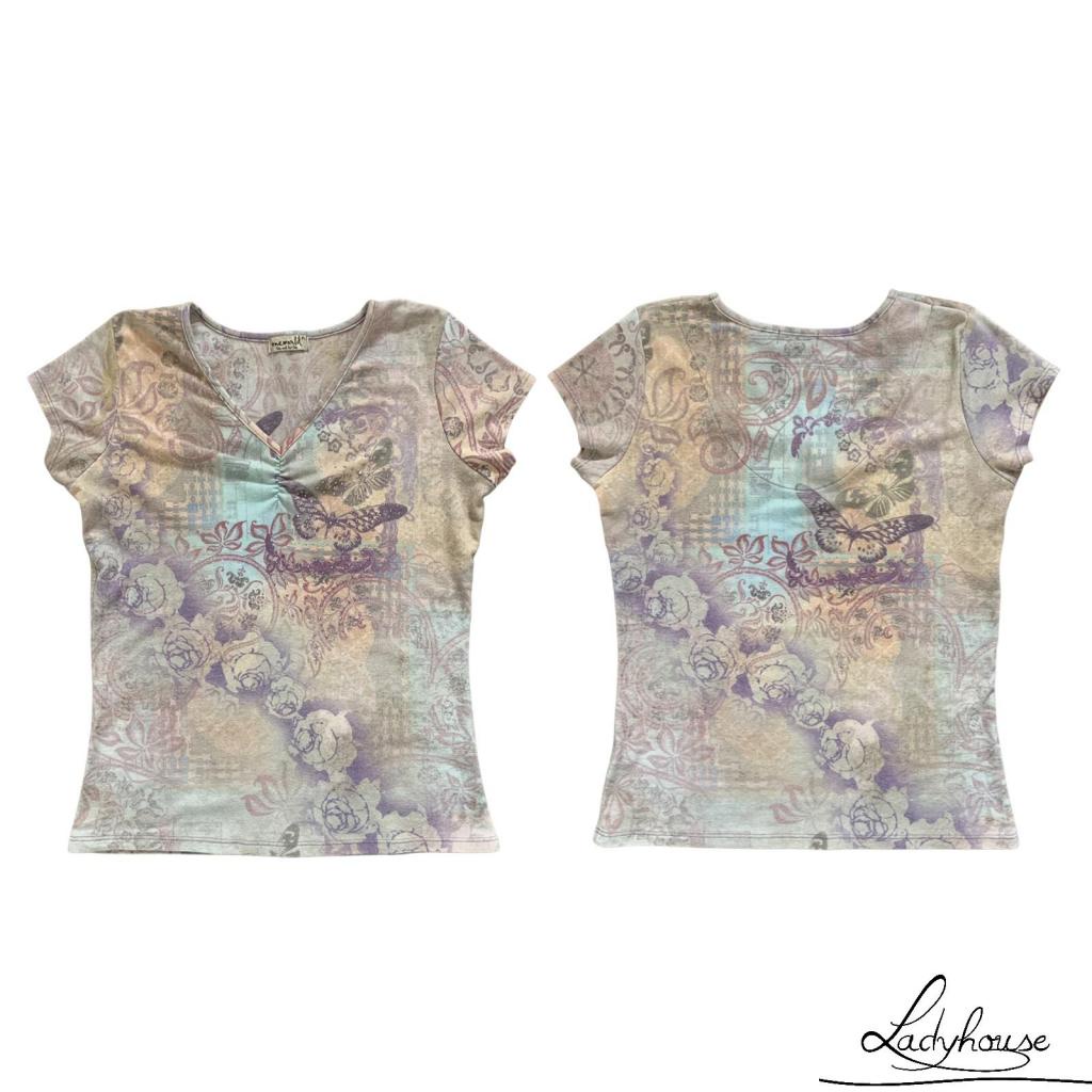 Ld Áo Thun Crop Top Tay Ngắn Cổ Chữ V In Hình Bướm Giản Dị Mùa Xuân Hè Cho Nữ S/M/L/XL/XL/XXL