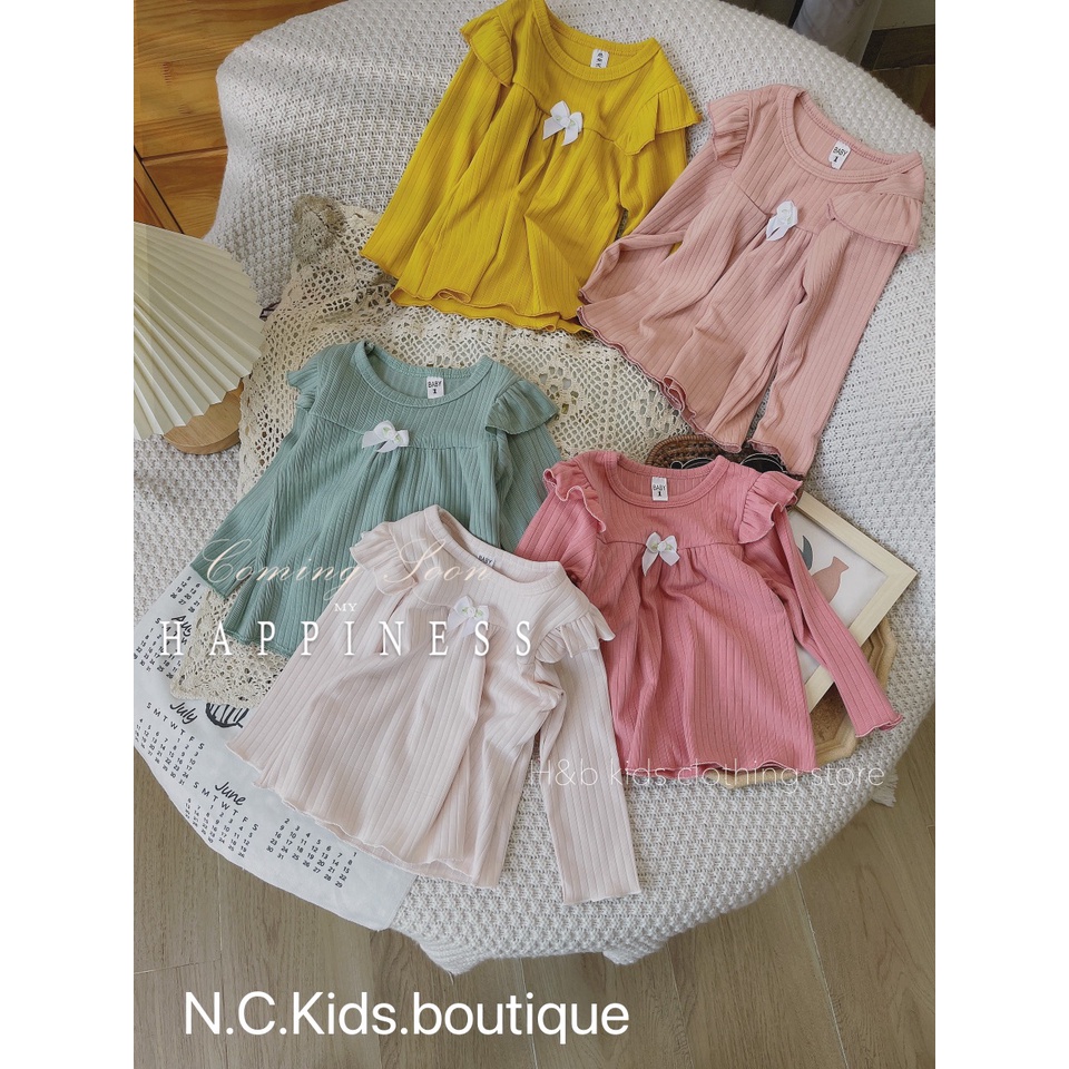 Bộ dài tay len tăm bé gái, bộ tăm đũa Quảng châu bèo vai ống rộng dáng xòe xinh xắn cho bé