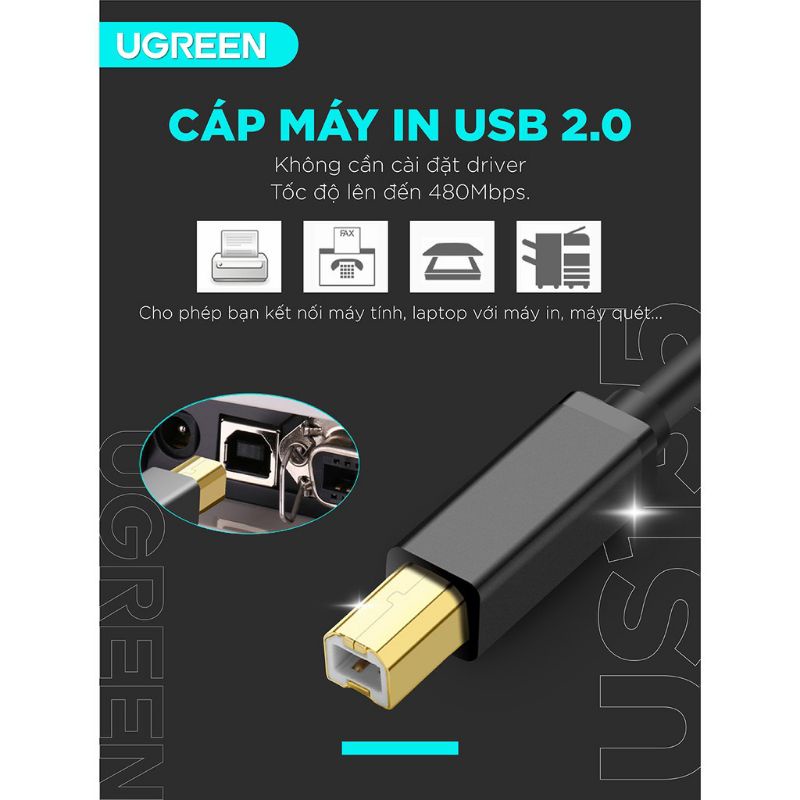 Dây máy in USB 2.0 chuẩn A đực sang chuẩn B đực, dài từ 1-5m UGREEN US135 - Hàng Chính Hãng