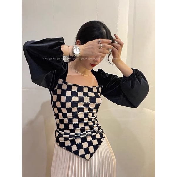 [HÀNG SẴN] Áo cổ vuông tay phồng vải nhung hoạ tiết caro bàn cờ vạt nhọn sang chảnh
