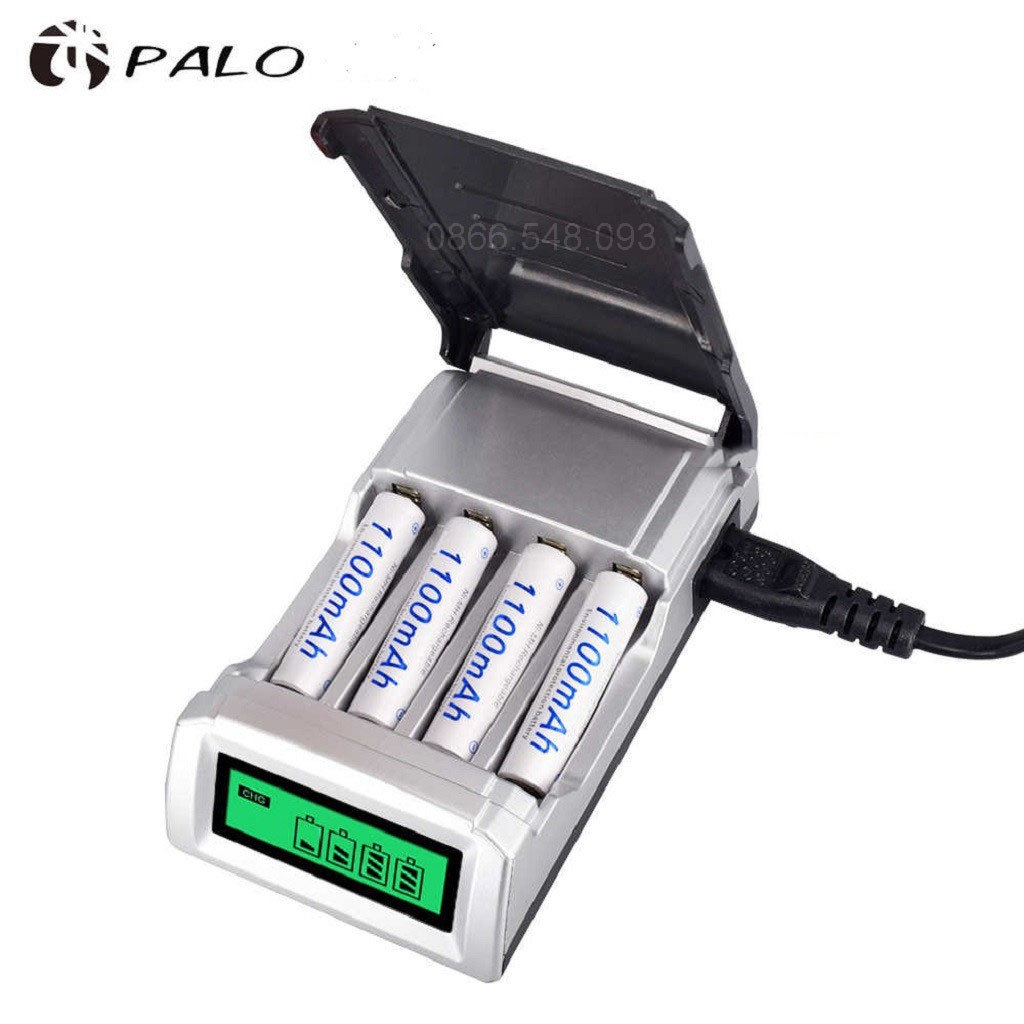 Bộ sạc màn hình 4 khe AA/AAA Palo NC05 tặng hộp 4 pin tiểu sạc AAA1100 mAh