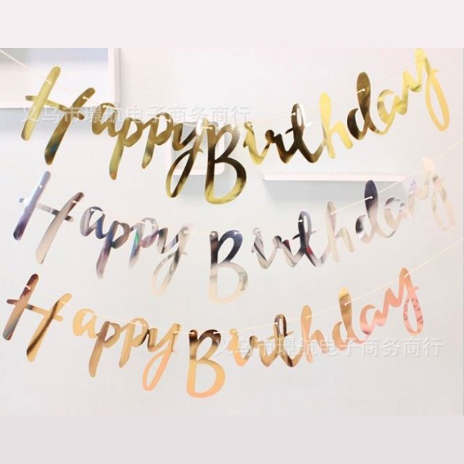 Dây chữ Happy Birthday ép kim màu vàng, bạc