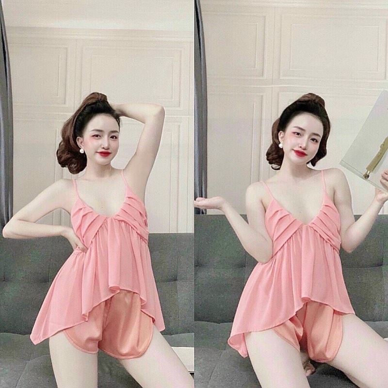 Đồ bộ ngủ sexy ao voan xếp ly quần satin cao cấp | BigBuy360 - bigbuy360.vn