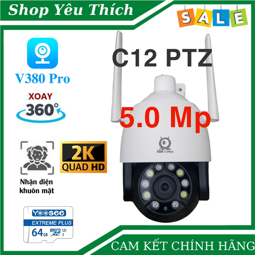 Camera Wifi V380 Pro C12 PTZ xoay 360 độ chống nước, đêm có màu, đàm thoại 2 chiều 2560*1920p