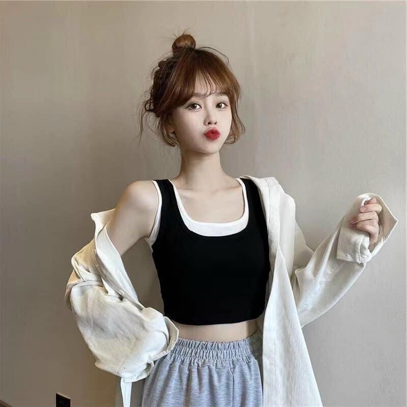 Áo bra nữ, ba lỗ dáng croptop 2 lớp có đệm ngực 2 trong 1