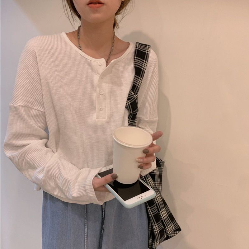 Áo Thun Dài Tay Dáng Rộng Phối Nút Cá Tính Theo Phong Cách Hàn Quốc