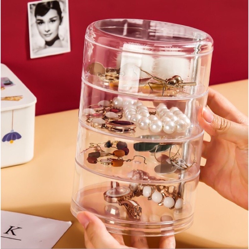 Hộp đựng trang sức 4 tầng trong suốt hình tròn xoay 360 độ tiện lợi