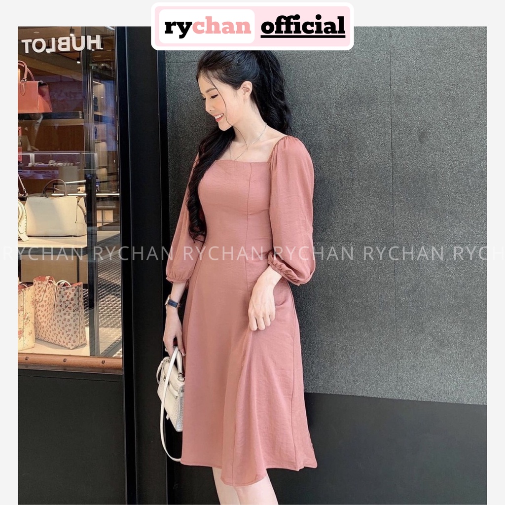 Đầm Xòe Cổ Vuông Tay Bồng Hồng Ruốc - DX911