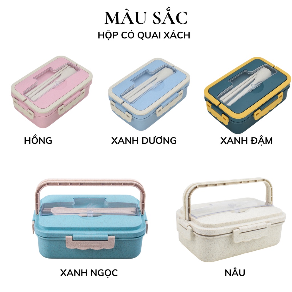 Hộp Cơm lúa mạch 3 ngăn giữ nhiệt có quai kèm muỗng đũa văn phòng cao cấp DOVOHA HC02