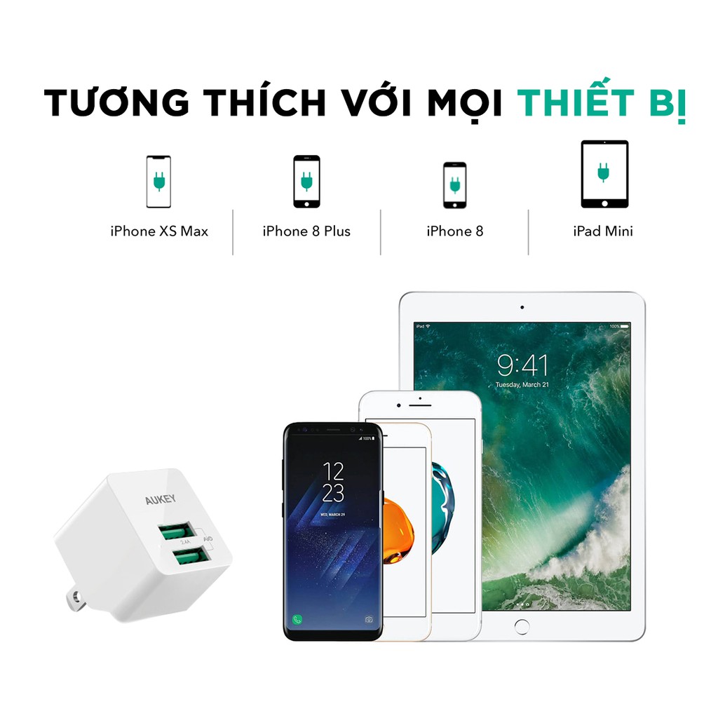 Sạc USB Aukey PA-U32 Đầu Ra 2.4A Công Nghệ AiPower Thông minh - Hàng Chính Hãng