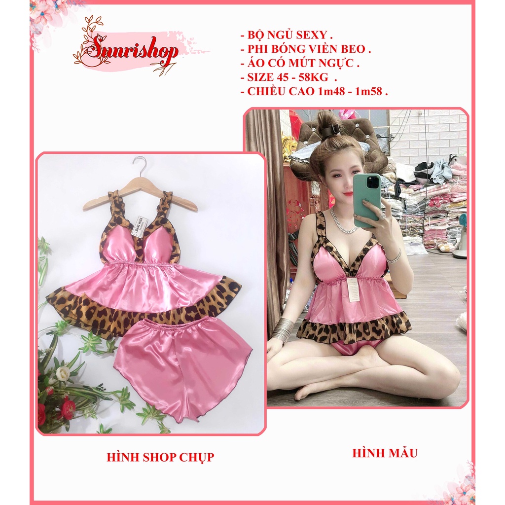 Bộ Ngủ Sexy Quyến Rũ Sunri Shop , Bộ Ngủ Phi Bóng Viền Beo Áo Có Mút Ngực Freesize 58kg Trở Xuống