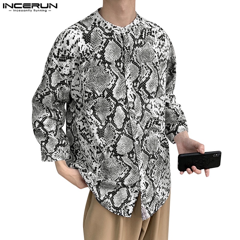 Áo sơ mi INCERUN cổ đứng tay 3/4 in họa tiết da rắn phối nút cá tính dành cho nam