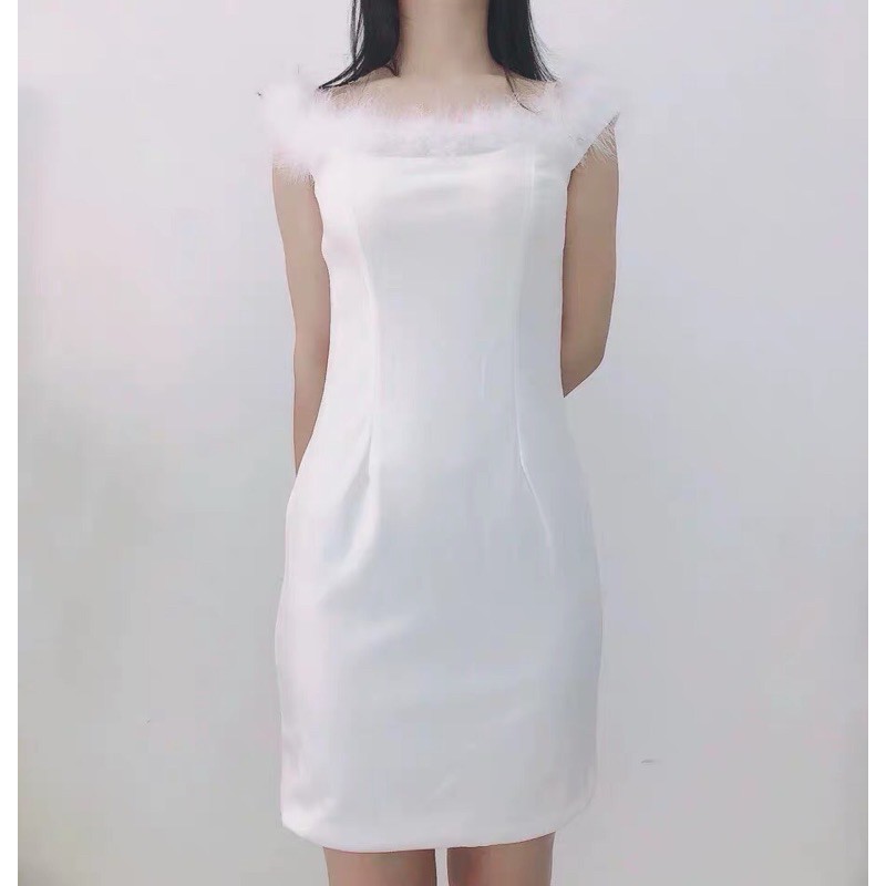 [Order /hình thật cuối] Váy trắng trễ vai cổ lông ôm body. Đầm trắng bẹt vai ôm dáng