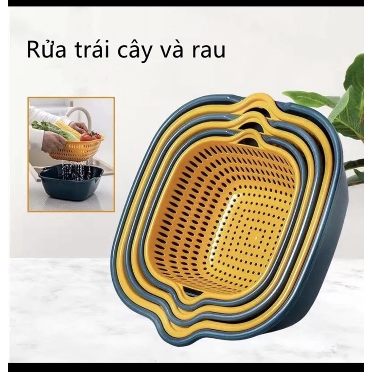 Rổ ráo nước- rổ rửa rau củ quả 2 lớp ráo nước tiện dụng dùng trong nhà bếp-set 6 chi tiết