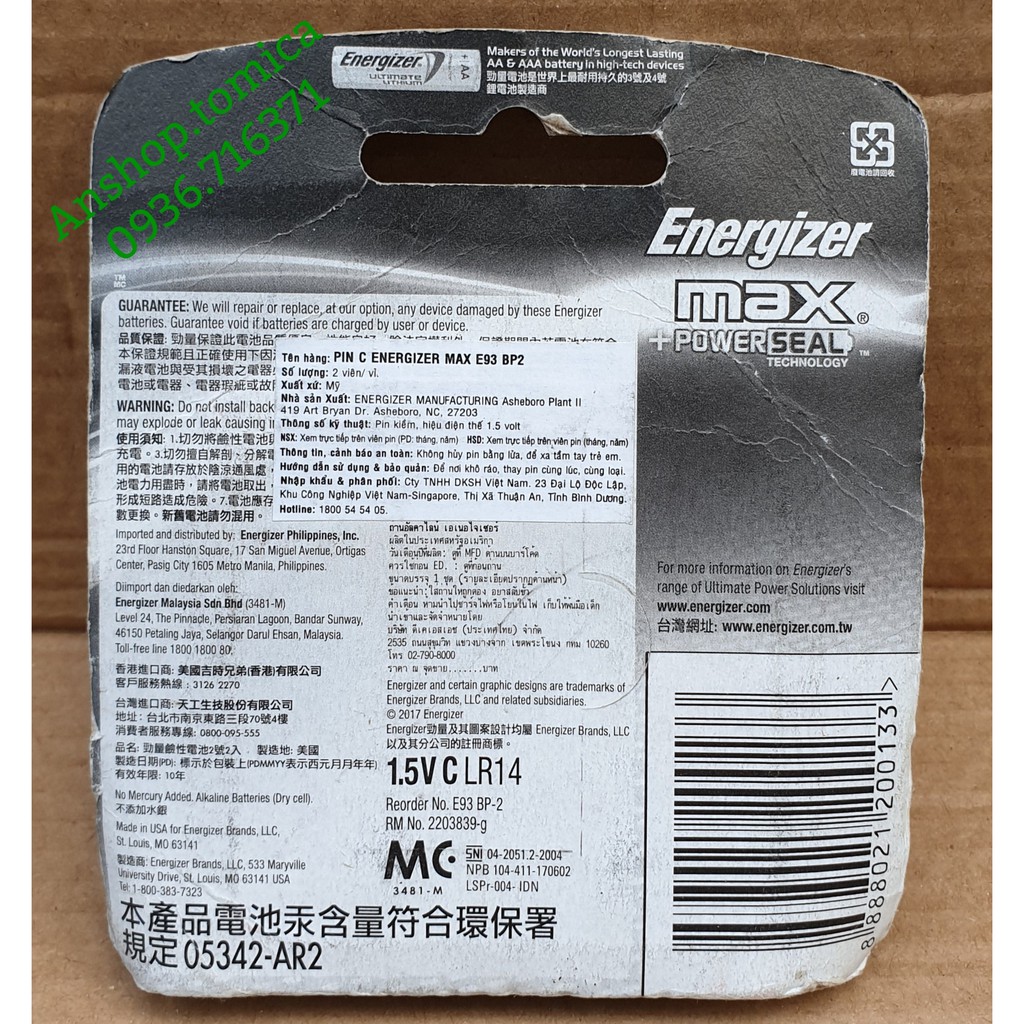 Pin Energizer 1.5V (vỉ 2 viên)