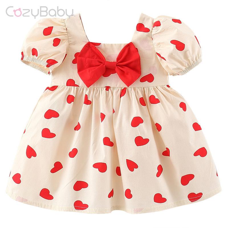 Đầm cho bé gái 1 tuổi Đầm công chúa tay phồng in họa tiết trái tim thời trang mùa hè cho bé gái đầm công chúa cho bé gái
