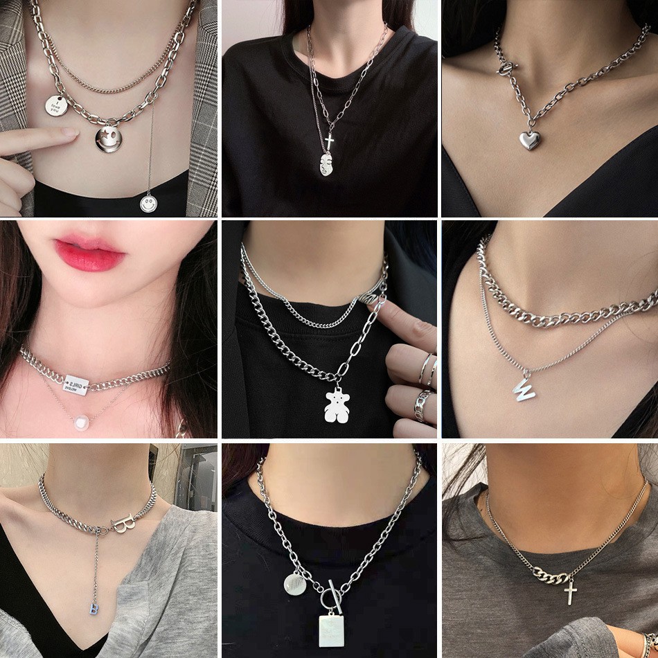 Vòng Cổ Thép Titan Nhiều Lớp Cho Nữ Phong Cách Hip Hop Thời Trang Han Quôc
