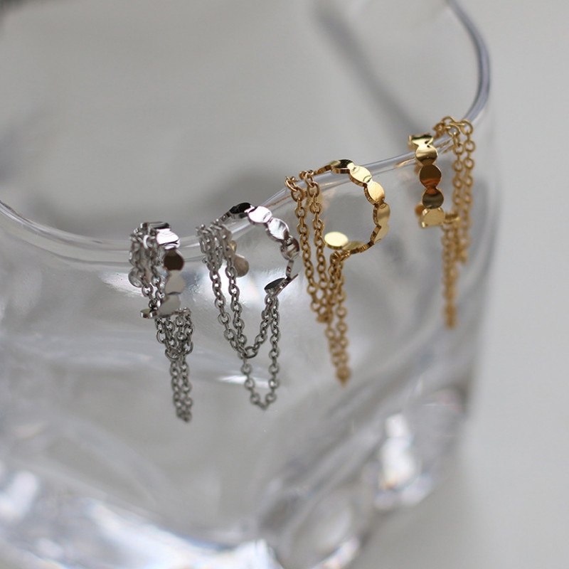 Bông tai titan vành móc tròn phối 2 xích không gỉ WE2105