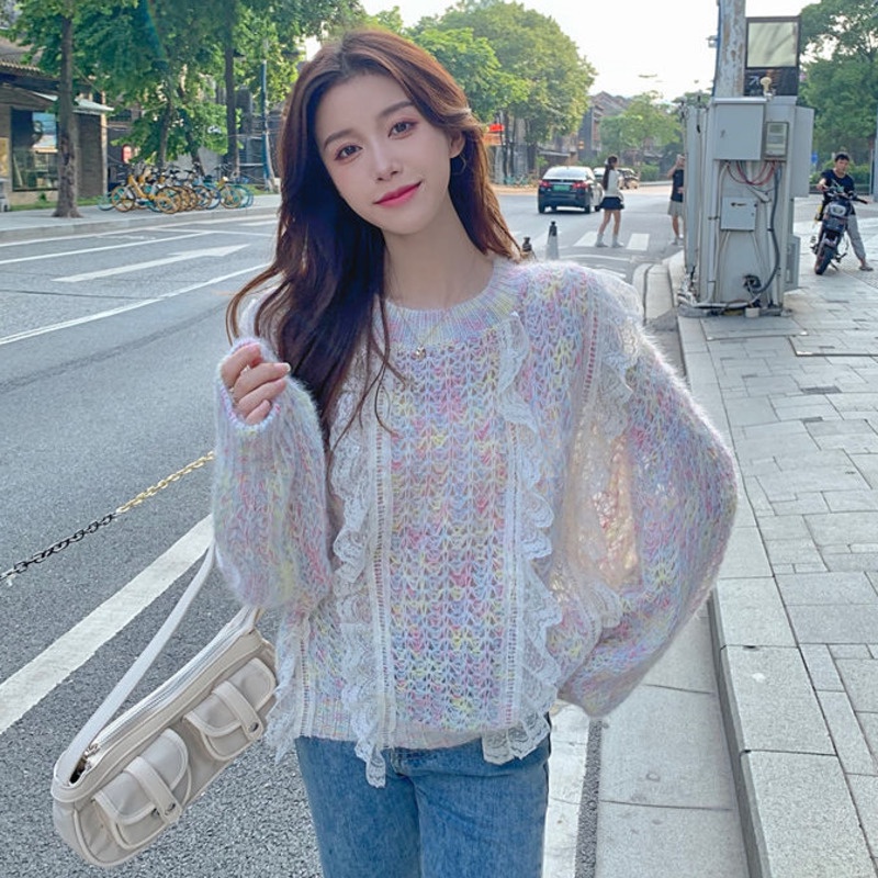 Áo Len Tay Dài Họa Tiết Màu Nhuộm Phong Cách Hàn Quốc Ngọt Ngào