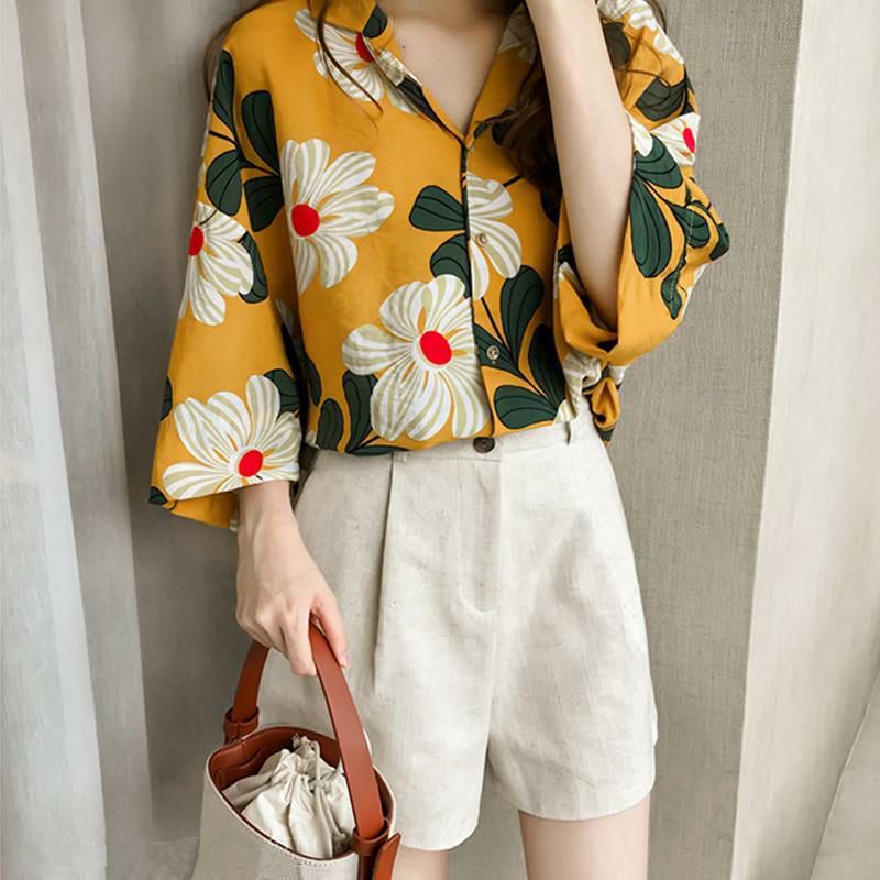 Áo Sơ Mi Nữ Tay Lỡ In Họa Tiết Hoa Lá Ulzzang