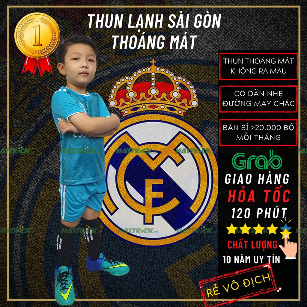 Bộ thể thao bóng đá trẻ em Real xanh ngọc 2021 (11kg-41kg) thun Sài Gòn thoáng mát may chất lượng, xưởng bán sỉ uy tín