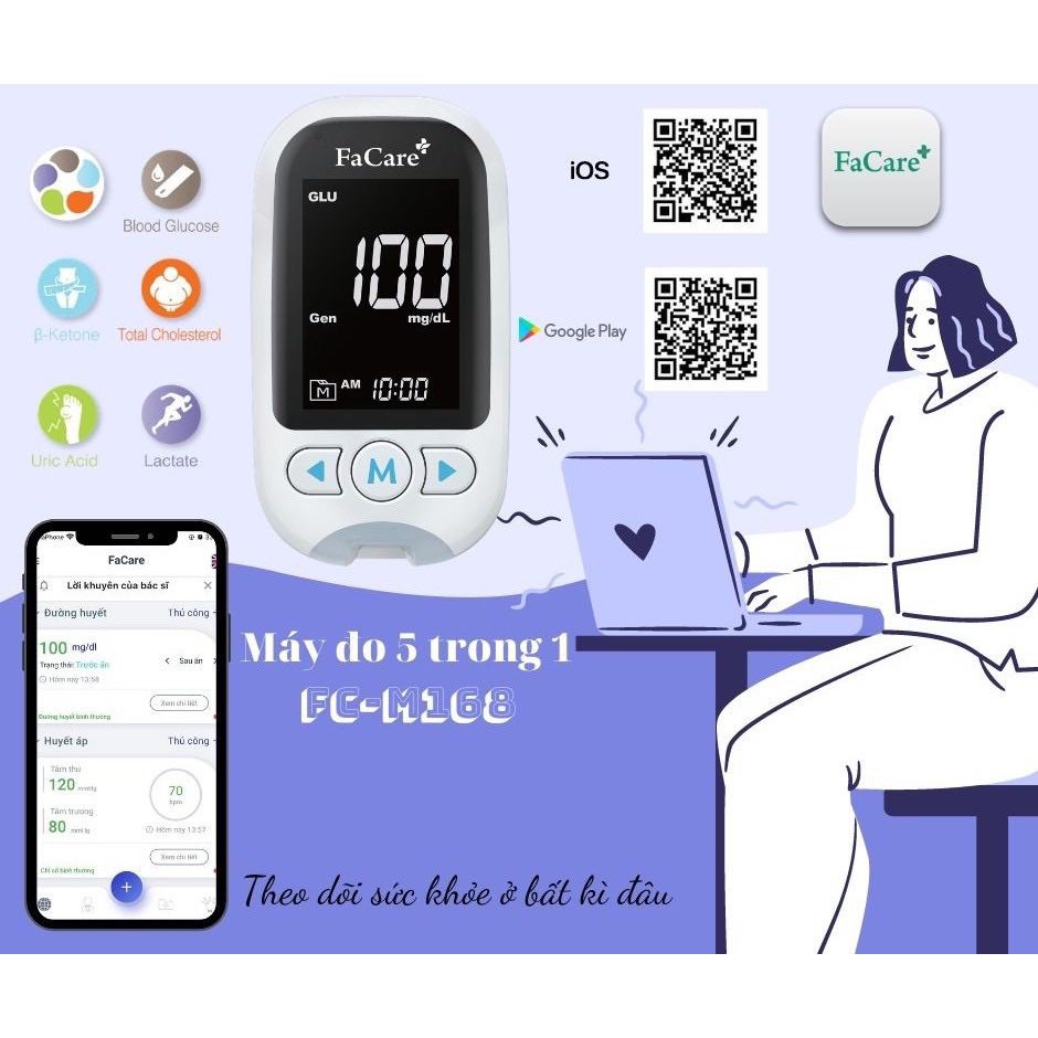 Máy đo đường huyết, gout, mỡ máu 5 trong 1 Facare FC-M168 Bluetooth [ bảo hành trọn đời]