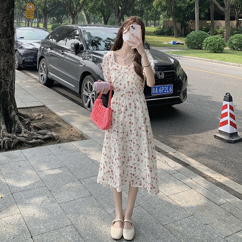 Đầm midi Perty cổ vuông thời trang mùa hè Hàn Quốc ngọt ngào dành cho nữ