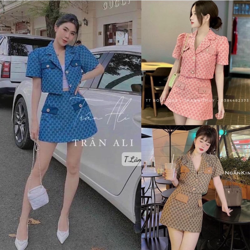 Set áo croptop hoạ tiết GC mix chân váy chữ A