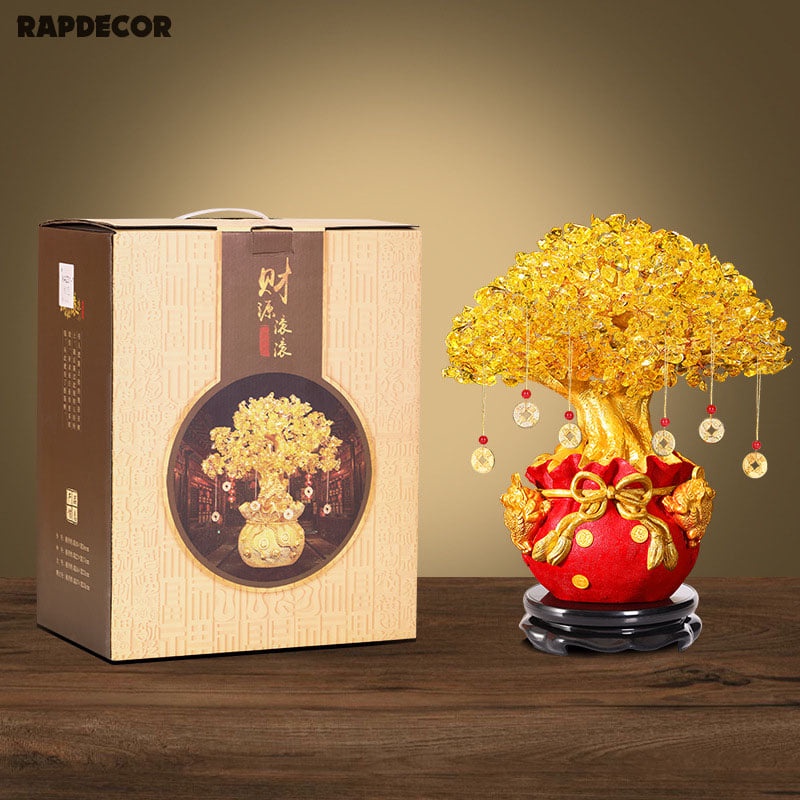 Cây Kim Tiền Cầu May Mắn - Cây Tài Lộc Vàng Đế Túi Tiền- Kèm Thêm Đế Xoay Và Đồng Tiền Vàng